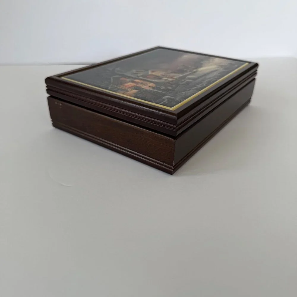 Vintage Galarina Folk Arts Wooden Jewelry Box With Winter Scene Lid & Red Velvet